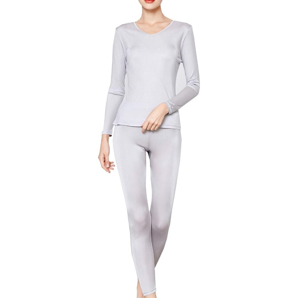 Women's Silk Long Johns V-Neck Thermal Underwear Set Base Layer Winter Soft Brea